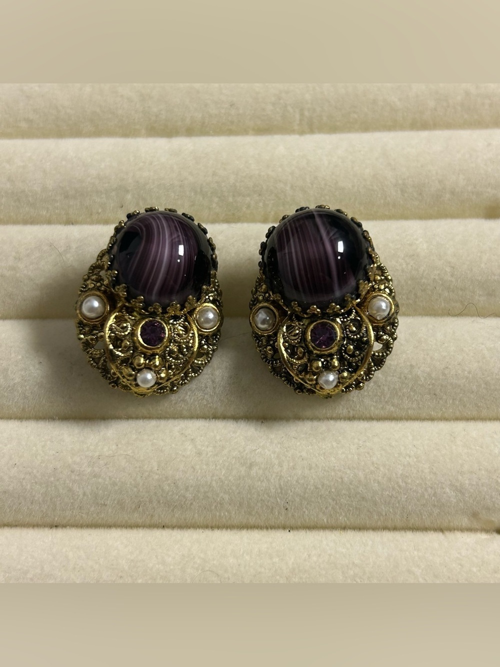 Vintage Gold Tone Clip On Earrings with Purple Cabochon